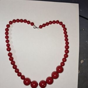 Graduated Red Bead Statement Necklace w/ Silvertone Clasp